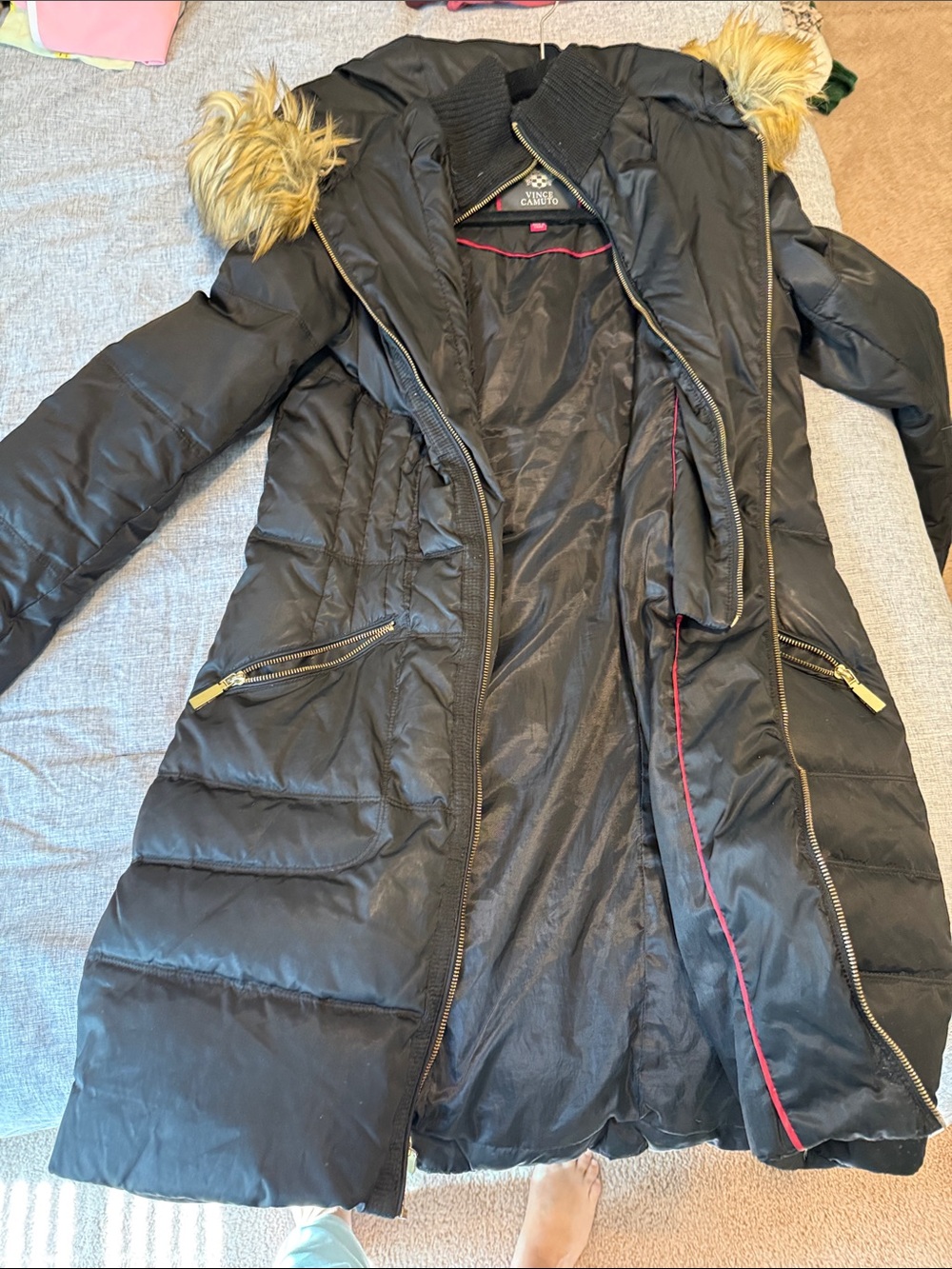 Vince Camuto Black Long Puffer Coat with Faux Fur Trim